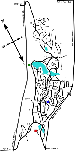The cemetery is a slim property running northeast-southwest and bounded on the long sides by New York Route 40 and an old railroad bed. This map shows the length of the property vertically (north is to the top left). Toward the bottom is the main entrance and the Earl Crematorium. A third of the way into the propert, roughly center, is the location of the Warren Chapel. Middle left is the location of the panorama. The cemetery has about five man-made lakes and 29 miles of meandering roads creating a web of pathways on the property.