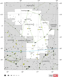 Diagram showing star positions and boundaries of the Ophiuchus constellation and its surroundings