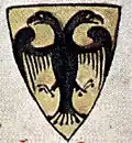أول عقاب ذي رأسين كعُقاب إمبراطوري (Reichsadler) من الوقائع الرئيسية (Chronica Majora) (حوالي 1250)
