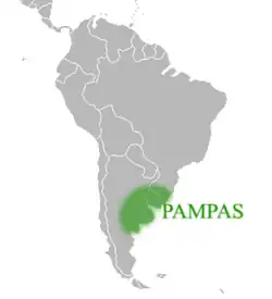 Map of South American, with the pampas encompassing a south-eastern area bordering the Atlantic ocean.