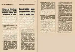 German and Polish poster describing "Obligations of Polish workers in Germany" including death sentence to every man and woman from Poland for sex with a German