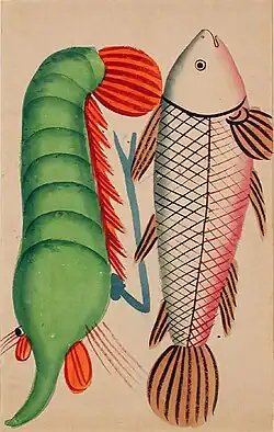 الجمبري مع الروهو الأسماك، Kalighat الرسم. تعتبر أسماك المياه العذبة والقشريات من العناصر الغذائية الأساسية في المناطق الشرقية ، ولا سيما في البنغال.