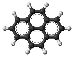 Ball-and-stick model of the pyrene molecule