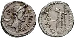 ديناريوس من 44 ق.م، يُظهر يوليوس قيصر على الوجه والإلهة فينوس على ظهر العملة.