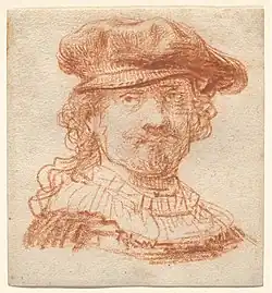 Self portrait of Rembrandt in red chalk.