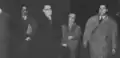 طنجة - 22 نوفمبر 1955 (من اليمين إلى اليسار: عبد الرحيم بوعبيد، أحمد بلافريج، عمر بن عبد الجليل، عبد الكريم ابن جلون التويمي) العودة من المنفى في نوفمبر 1955).