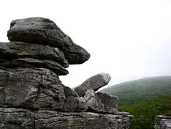 Rock formation carved by high winds at Dolly Sods, فيرجينيا الغربية, USA.[بحاجة لمصدر]