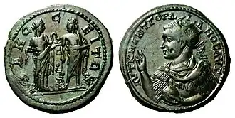 Roman coin from Odessos showing Asclepius with Hygieia on one side and Gordian III's portrait on the other side (35mm, 28g)