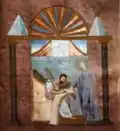 من بين أقدم صورة إنجيلية باقية ، في إنجيل روسانو ، مارك يكتب في لفافة ، القرن السادس. كتب تحت الحكم البيزنطي في إيطاليا (العلامة فوق كتفيه وصمة عار).