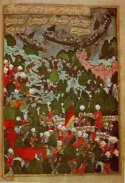 Osman Pasha and Ja'far Pasha, Ottoman governor of Shirvan, in battle against the Cossacks, from the Şehinşahname, 1597–98 (folio&nbsp;130b)