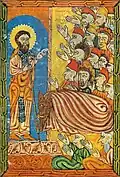 يعيد القديس غريغوريوس الشخصية البشرية للملك تيريديتس الثالث أمام الجمهور. منمنمة أرمنية، 1569.