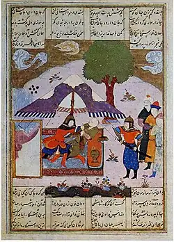 مشهد مقتل إيراج على يد أخويه سالم وطور، من المكتبة الوطنية الروسية، سانت بطرسبرغ – الخط الموجود في الهوامش هو نستعليق