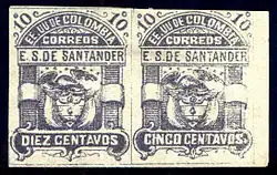 Cliché error pair, right stamp with “Cinco” instead of “Diez" (Santander 1886).
