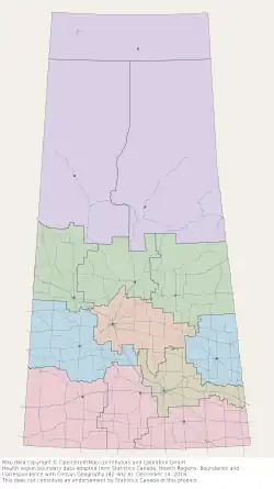 Map of the various regions for which COVID-19 statistics are reported in Saskatchewan.