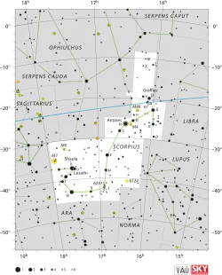 Diagram showing star positions and boundaries of the Scorpius constellation and its surroundings
