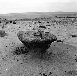 Outcrop of granite that has been undercut by the abrasive action of windblown sand, Llano de Caldera, أتاكاما Province, Chile (Segerstrom, 1962)