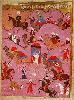 Murder of Ma'sum Beg, the envoy of the Safavid Shah Tahmasp, by Bedouin in the Hejaz, from the Şahname-ı Selim Han (folio 68a)