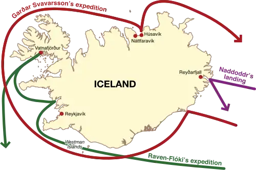 A map indicating the travels of the first Scandinavians in Iceland during the 9th century