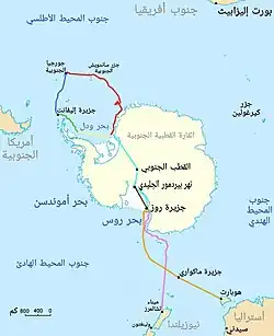 Outline of Antarctica coast, with different lines indicating the various journeys made by ships and land parties during the expedition