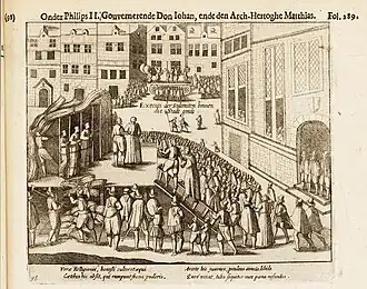رسم توضيحي لإعدام رهبان مثليين، 1578 من قبل ميشيل كوليين."