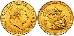 A sovereign with the bust of George III on the obverse and جرجس slaying the dragon on the reverse