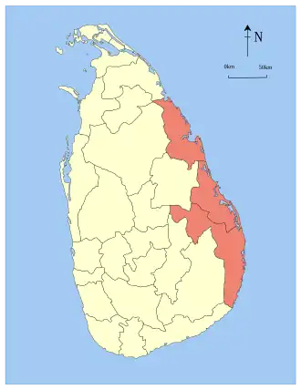 Map indicating the extent of Eastern Province within Sri Lanka