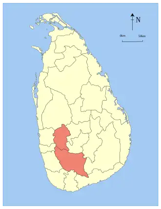 Map indicating the extent of Sabaragamuwa Province within Sri Lanka