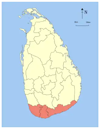Map indicating the extent of Southern Province within Sri Lanka