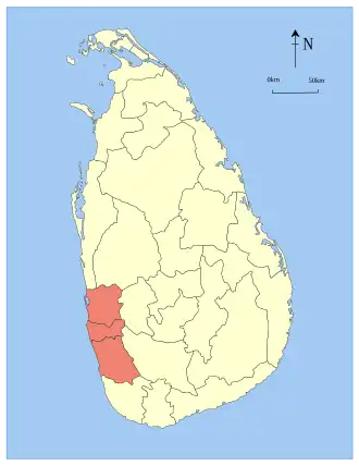 Map indicating the extent of Western Province within Sri Lanka