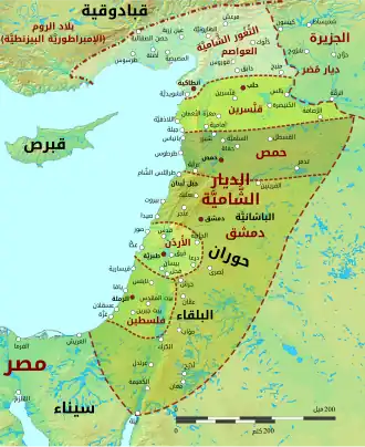 خريطة جيوفيزيائية لبلاد الشام ، مع وضع علامات على المدن الرئيسة وحدود المقاطعات الإسلامية المبكرة.