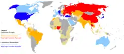 A schematic showing global human trafficking from countries of origin and destination