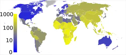 خريطة العالم مع دول جنوب الصحراءالافريقية الكبرى في ظلال مختلفة من اللون الأصفر، تشير إلى معدلات انتشار اعلى من 300 كل 000 100 نسمة، ومع الولايات المتحدة وكندا، وأستراليا، وشمال أوروبا في ظلال من اللون الأزرق الداكن، تشير إلى معدلات انتشار حوالي 10 كل 000 100 نسمة. آسيا بالون الأصفر الفاتح بمعدل انتشار حوالي 200 إصابة لكل 100,000. أمريكا الجنوبية بلون أصفر أكثر قتامة.