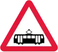 U.K. tramcars crossing ahead sign.