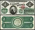 First $2 bill issued in 1862 as a Legal Tender Note.