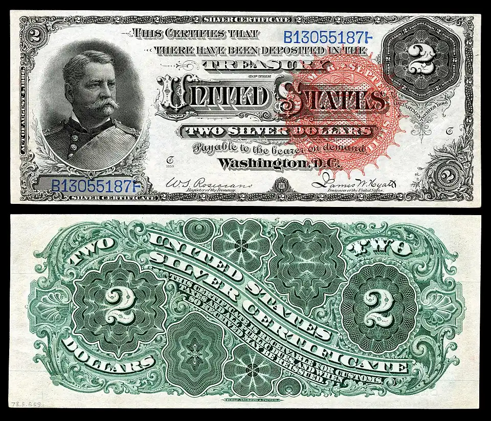 Series 1886 $2 Silver Certificate depicting وينفيلد سكوت هانكوك