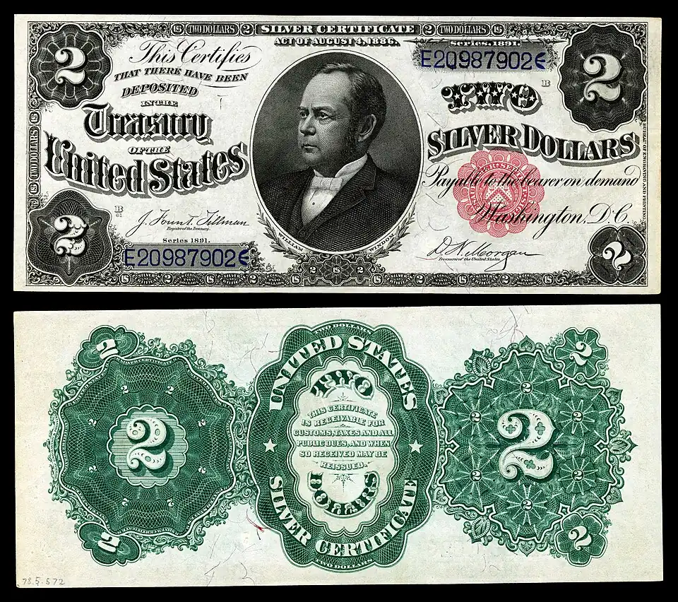The second two-dollar denomination in the silver certificate series printed in 1891. This note features United States Secretary of the Treasury وليام ويندوم&nbsp;&nbsp;[لغات أخرى]‏.