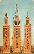 مراحل تغيير المئذنة لتكون برج أجراس الكتدرائية : العصر الإسلامي (يسار), العصر المسيحي (يمين), عصر النهضة (في الوسط)