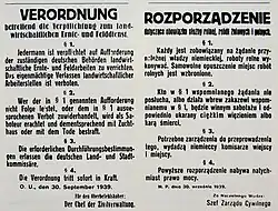 German notice from 30 September 1939 in occupied Poland with warning of death penalty for refuse work during harvest.