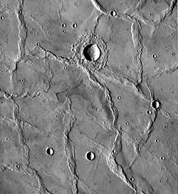 Wrinkle ridges in Hesperia Planum, Mars, as seen by Viking  The wrinkle ridges go in different directions so compressional forces may have changed direction over time.