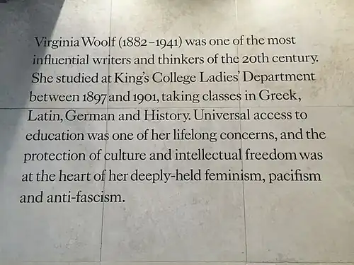 Plaque describing Virginia's time at King's College, on the Virginia Woolf Buildiong there