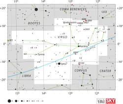 Diagram showing star positions and boundaries of the Virgo constellation and its surroundings