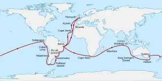 Route from Plymouth, England, south to Cape Verde then southwest across the Atlantic to Bahia, Brazil, south to Rio de Janeiro, Montevideo, the Falkland Islands, round the tip of South America then north to Valparaiso and Callao. Northwest to the Galapagos Islands before sailing west across the Pacific to New Zealand, Sydney, Hobart in Tasmania, and King George's Sound in Western Australia. Northwest to the Keeling Islands, southwest to Mauritius and Cape Town, then northwest to Bahia and northeast back to Plymouth.