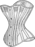 مخصر طراز hourglass corset من حوالي عام 1890، حيث التثبيت من الأمام والشرائط من الخلف.