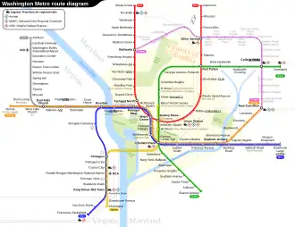Map depicting the purple line's route in relation to the Washington Metro's train lines. The map is fairly schematic and not very geographically accurate.