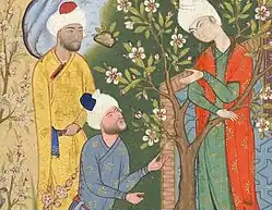 تصوير شاب يتحدث مع الخاطبين من كتاب الشعر "العروش السبعة" للشاعر الصوفي عبد الرحمن الجامي، في قصة "أب ينصح ابنه عن الحب". معهد سميثسونيان، واشنطن العاصمة.
