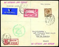 غلاف من عام 1934 (8-19 ديسمبر) لرسالة من جبل طارق عبر برلين إلى ريو دي جانيرو ويظهر عليها أختام بريد خلفية