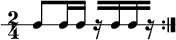 
\new RhythmicStaff {
 \clef percussion
 \time 2/4
 \repeat volta 2 { c8 c16 c r[ c c r] }
}
