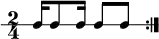 
\new RhythmicStaff {
  \clef percussion
  \time 2/4
  \repeat volta 2 { c16 c8 c16 c8[ c] }
}
