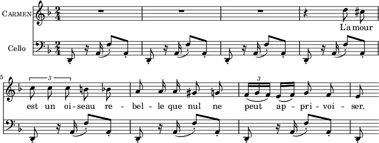 
\header {
 tagline = "" % removed 
}
\score {
 <<
  \new Voice = "Carmen" {
   \set Staff.vocalName = \markup \smallCaps Carmen
   \clef treble \time 2/4 \key d \minor
   R2 R2 R2
   \relative d'' { \autoBeamOff
    r4 d8 cis \tupletUp \times 2/3 { c c c } b bes
    a8 a16 a gis8 g \autoBeamOn \times 2/3 { f16( g f) } e[( f)] \autoBeamOff g8 f
    e8 \autoBeamOn
   }
  }
  \new Lyrics \lyricsto Carmen { L'a -- mour est un oi -- seau re -- bel -- le que nul ne peut ap -- pri -- voi -- ser. }
  \new Staff {
   \set Staff.instrumentName = "Cello"
   \clef bass \time 2/4 \key d \minor
   {
    d,8-. r16 a,( f8-.) a,-. 
    d,8-. r16 a,( f8-.) a,-. d,8-. r16 a,( f8-.) a,-. 
    d,8-. r16 a,( f8-.) a,-. d,8-. r16 a,( f8-.) a,-. 
    d,8-. r16 a,( f8-.) a,-. d,8-. r16 a,( f8-.) a,-. 
    d,8-.
   }
  }
 >>
}
