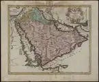 خارطة من عام 1720 تُظهر التقسيم اليوناني لشبه الجزيرة العربية: العربية الصحراوية في اقصى الشمال وبجوارها غربًا العربية الصخرية وفي الجنوب منهما القسم الأكبر العربية السعيدة (كريستوف ويجل).